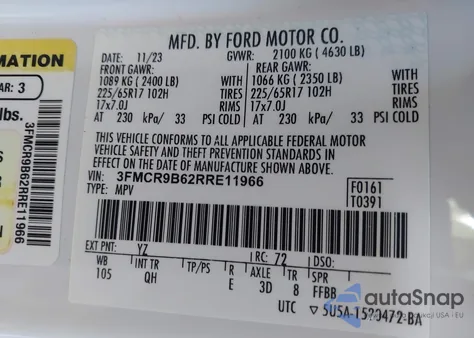 2024 Ford Bronco Sport Big Bend z USA, uszkodzony, nr VIN 3FMCR9B62RRE11966